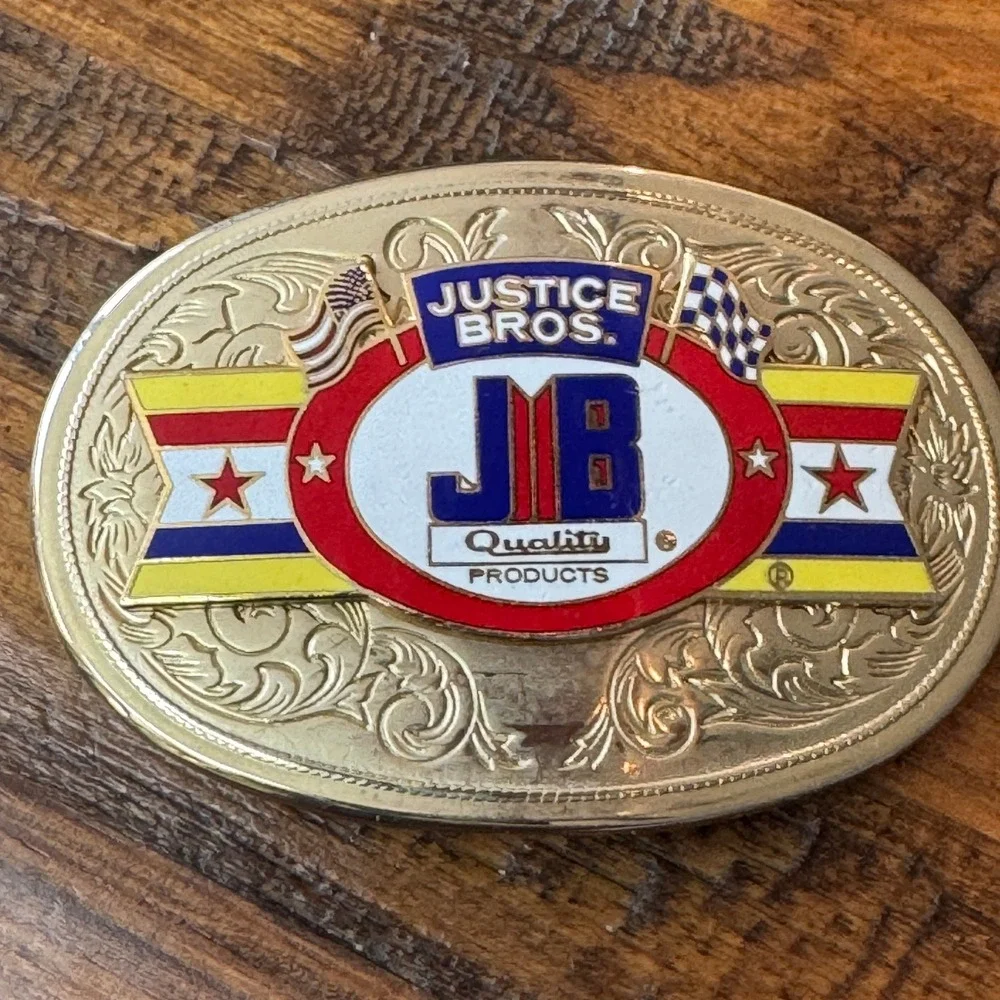 Vintage Justice Bros JB Racing Belt Buckle Gold‎ Tone Western Scrollwork Enamel